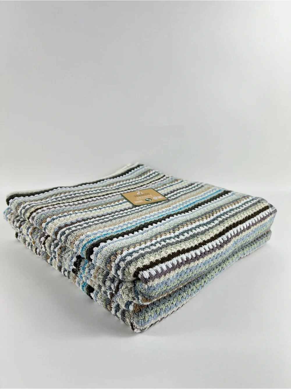 Deborah Connolly Bath Towel Set Striped Brown Green Aqua Cotton 2 Pc Set NEW